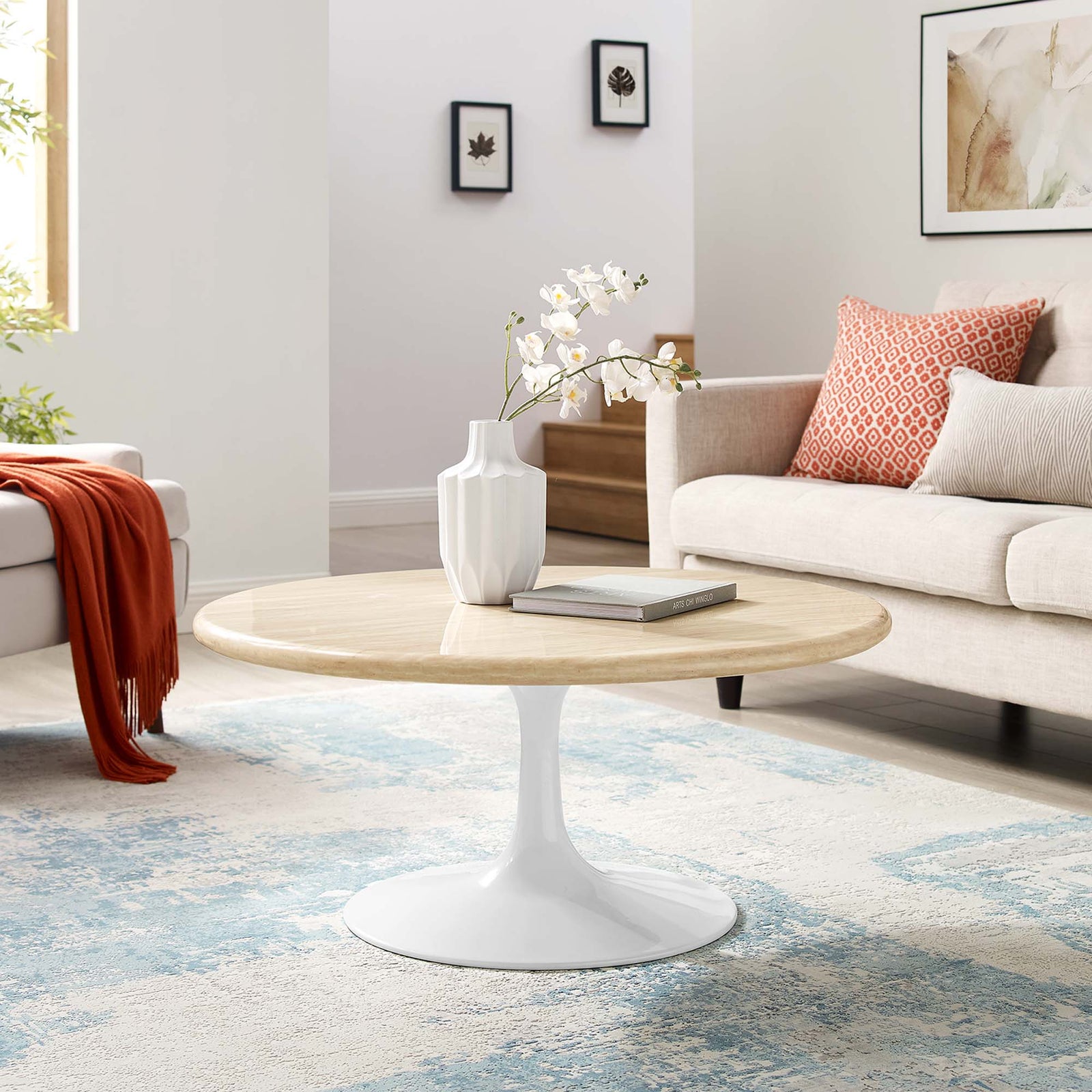Lippa 36" Round Faux Travertine Coffee Table in White Travertine