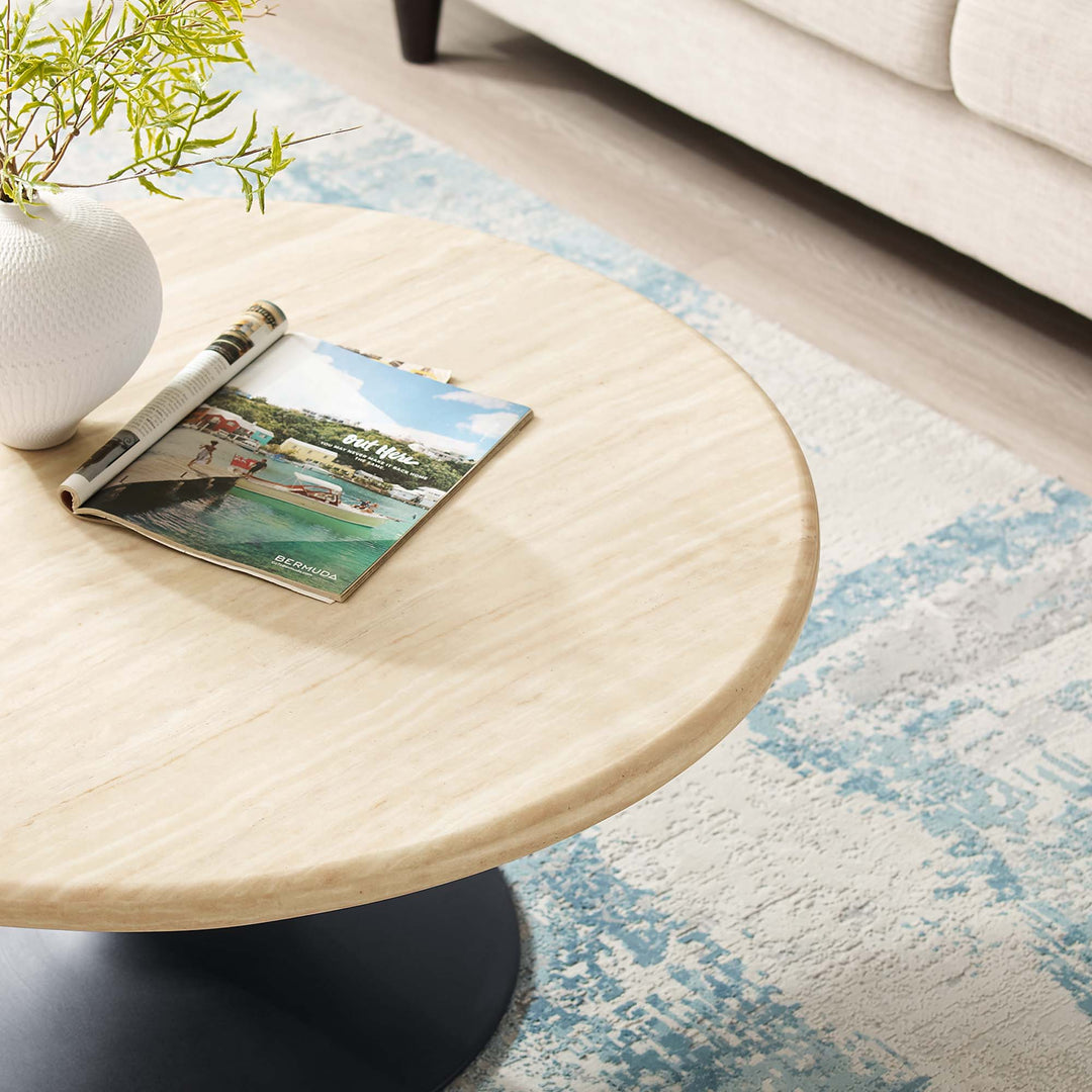 Lippa 36" Round Faux Travertine Coffee Table in Black Travertine