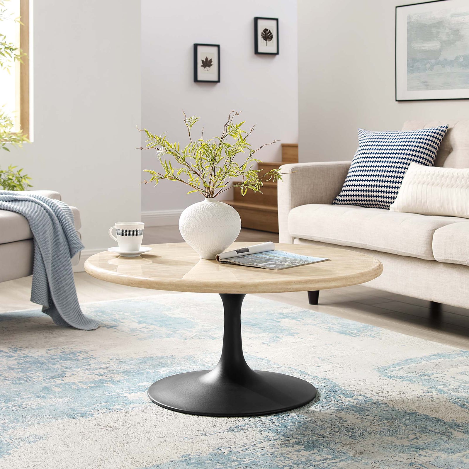 Lippa 36" Round Faux Travertine Coffee Table in Black Travertine