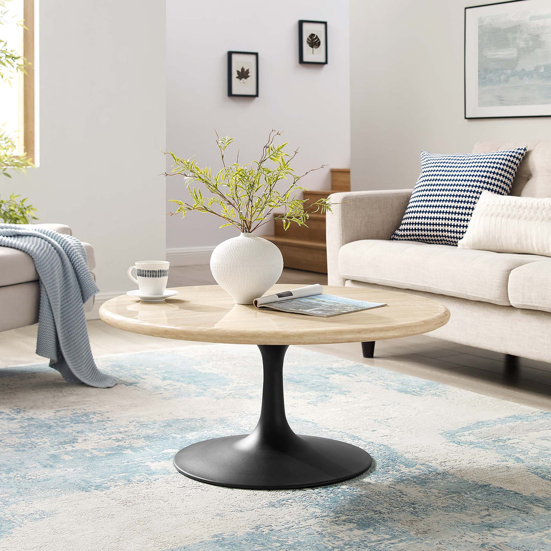 Lippa 36" Round Faux Travertine Coffee Table in Black Travertine