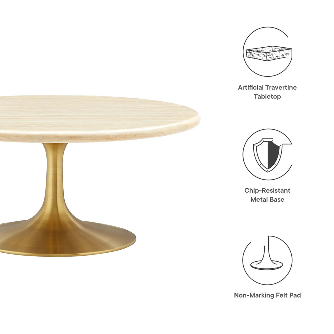 Lippa 36" Round Faux Travertine Coffee Table in Gold Travertine