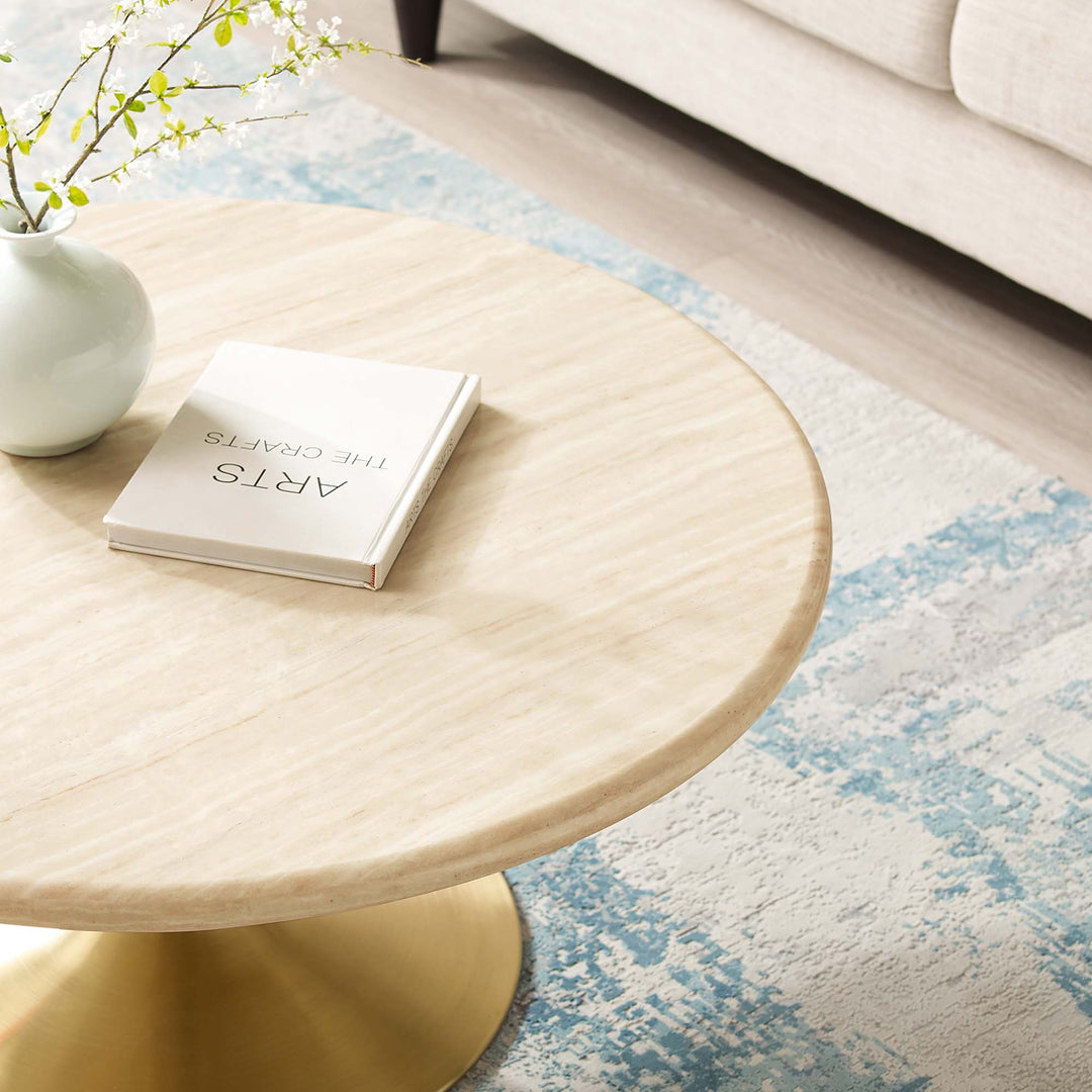 Lippa 36" Round Faux Travertine Coffee Table in Gold Travertine
