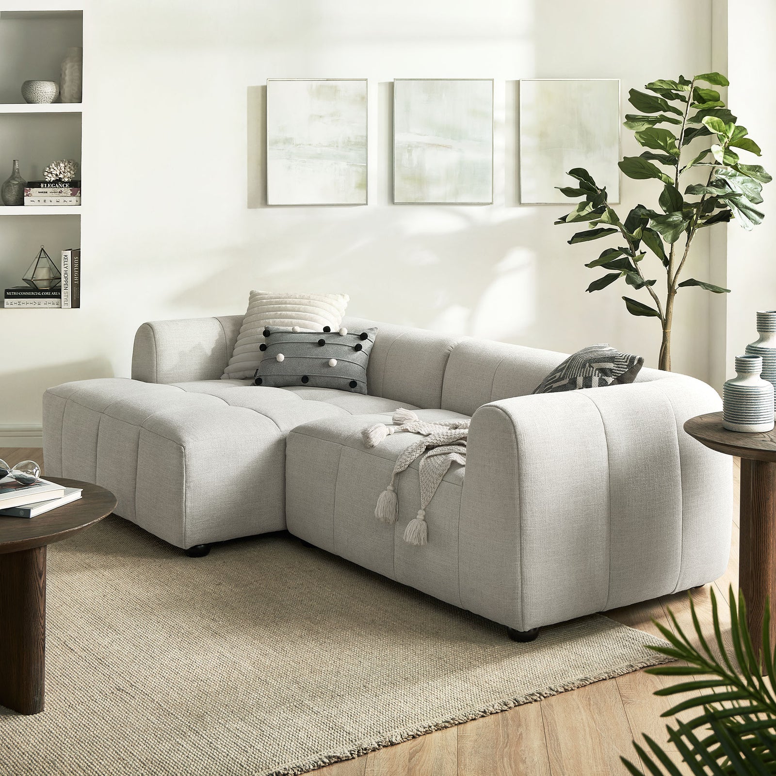 Liana Left-Facing Upholstered Fabric Modular Sofa with Chaise in Linen