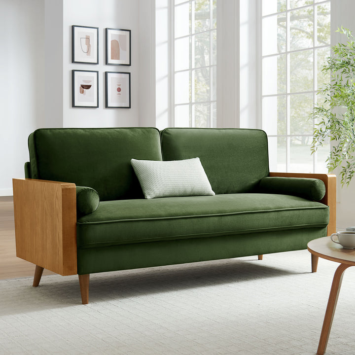 Kellan Performance Velvet Sofa in Walnut Moss Green