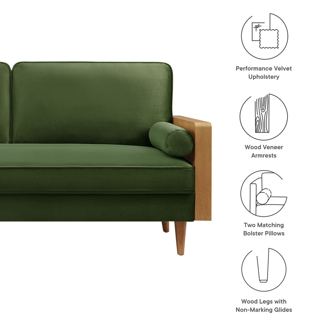 Kellan Performance Velvet Sofa in Walnut Moss Green