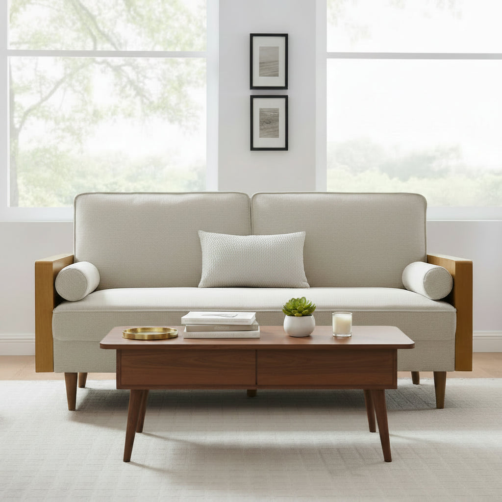 Kellan Heathered Fabric Upholstered Sofa in Walnut Heathered Weave Light Beige