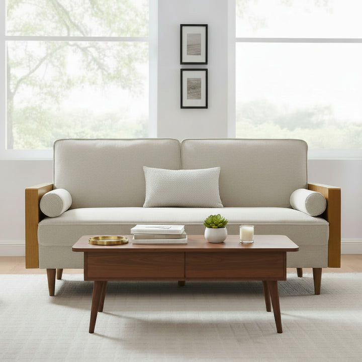 Kellan Heathered Fabric Upholstered Sofa in Walnut Heathered Weave Light Beige