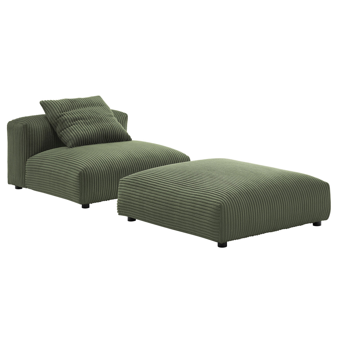 Solace Modular Corduroy Upholstered Armless Chair and Ottoman Set in Fern