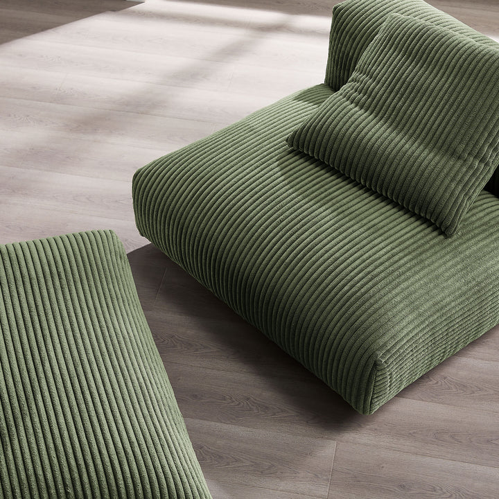 Solace Modular Corduroy Upholstered Armless Chair and Ottoman Set in Fern