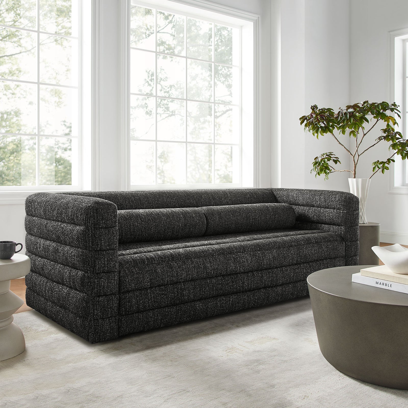 Relle Channel Tufted Boucle Upholstered Sofa in Charcoal