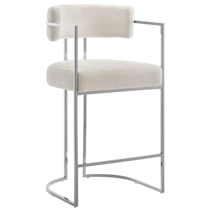 Huron Curved Back Fabric and Metal Counter Stool in Silver Cream
