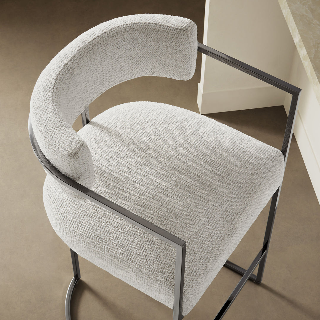 Huron Curved Back Fabric and Metal Counter Stool in Silver Cream