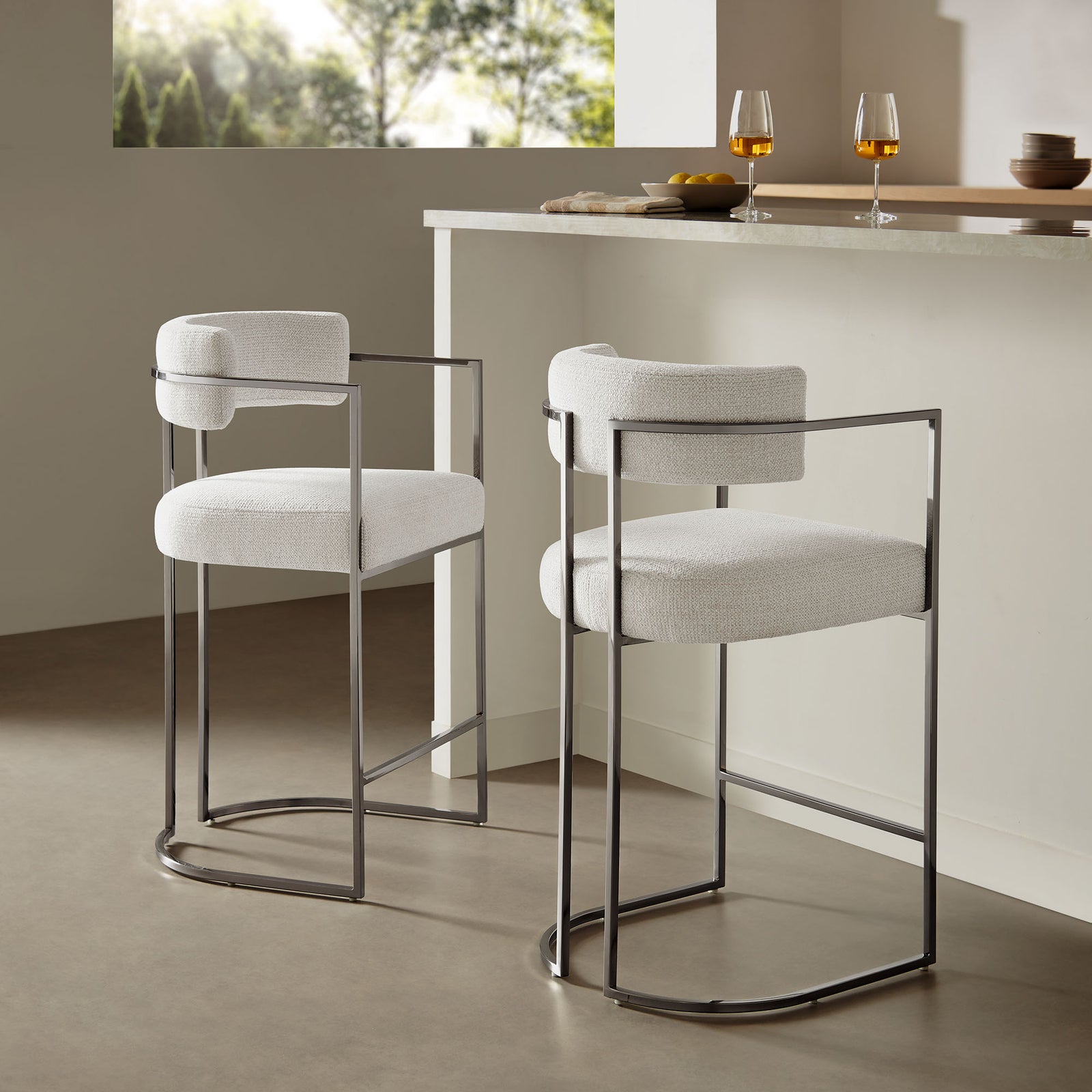 Huron Curved Back Fabric and Metal Counter Stool in Silver Cream