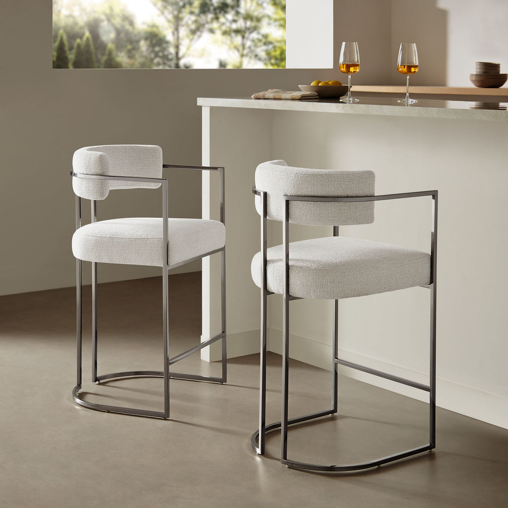 Huron Curved Back Fabric and Metal Counter Stool in Silver Cream