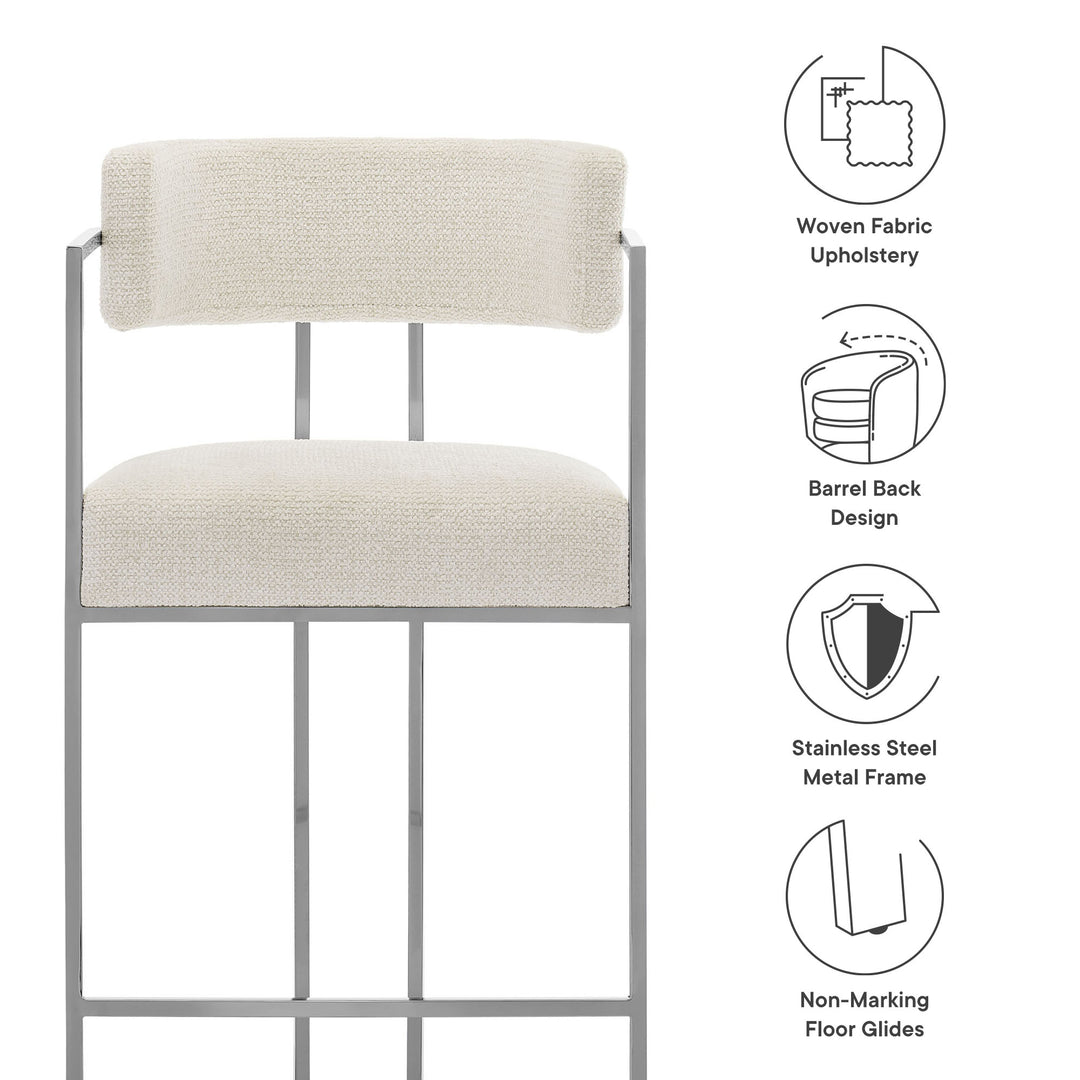 Huron Curved Back Fabric and Metal Counter Stool in Silver Cream