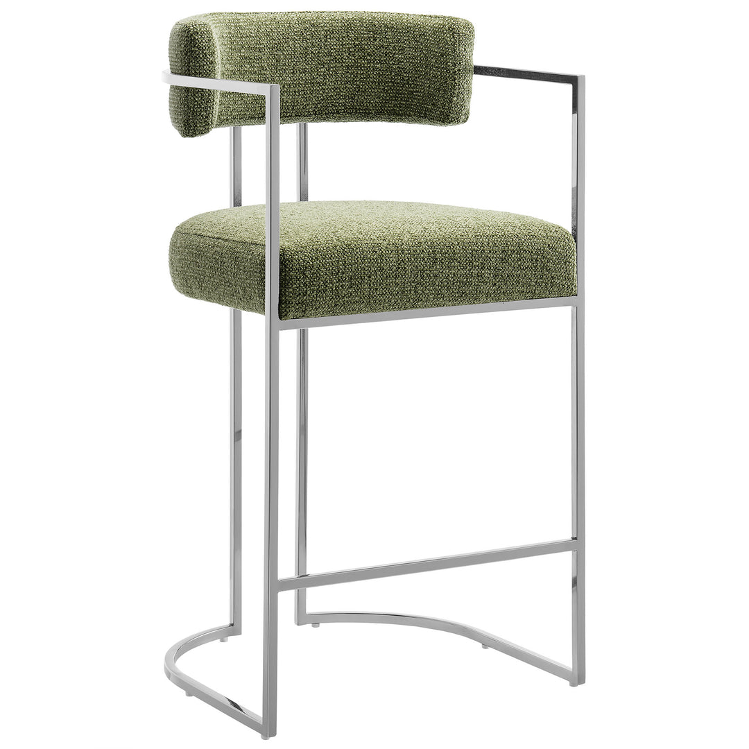 Huron Curved Back Fabric and Metal Counter Stool in Silver Leaf