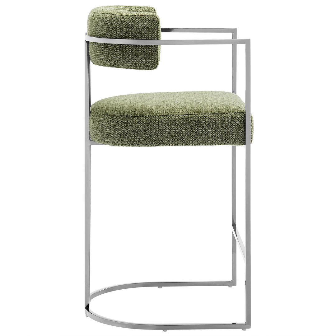 Huron Curved Back Fabric and Metal Counter Stool in Silver Leaf