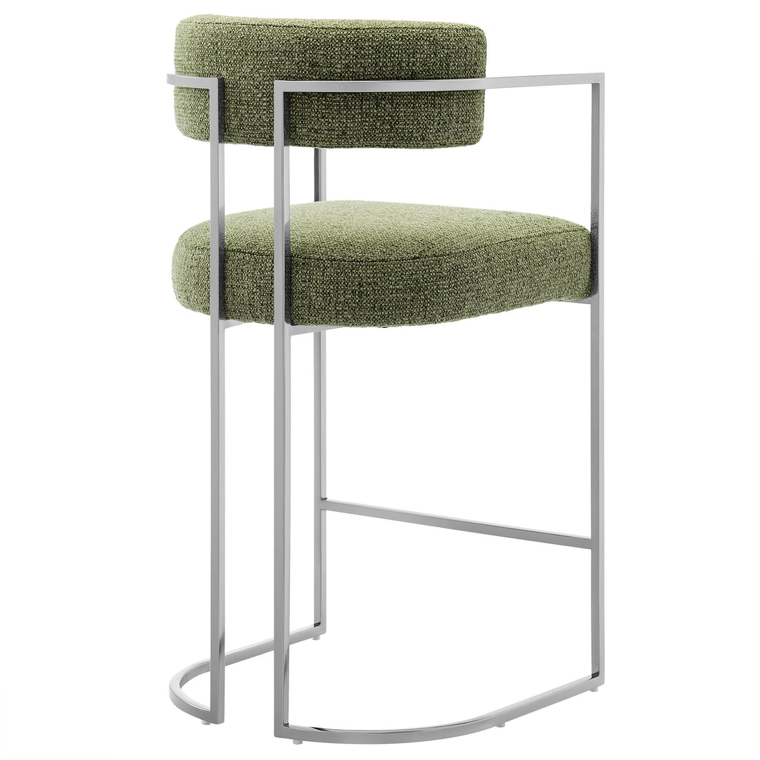 Huron Curved Back Fabric and Metal Counter Stool in Silver Leaf