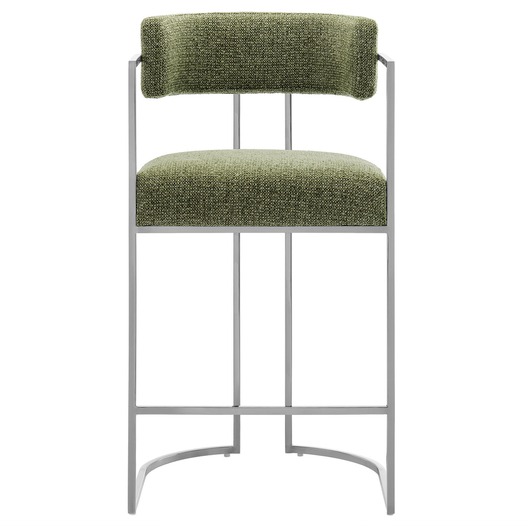 Huron Curved Back Fabric and Metal Counter Stool in Silver Leaf