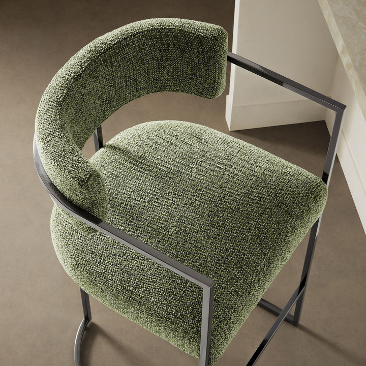 Huron Curved Back Fabric and Metal Counter Stool in Silver Leaf