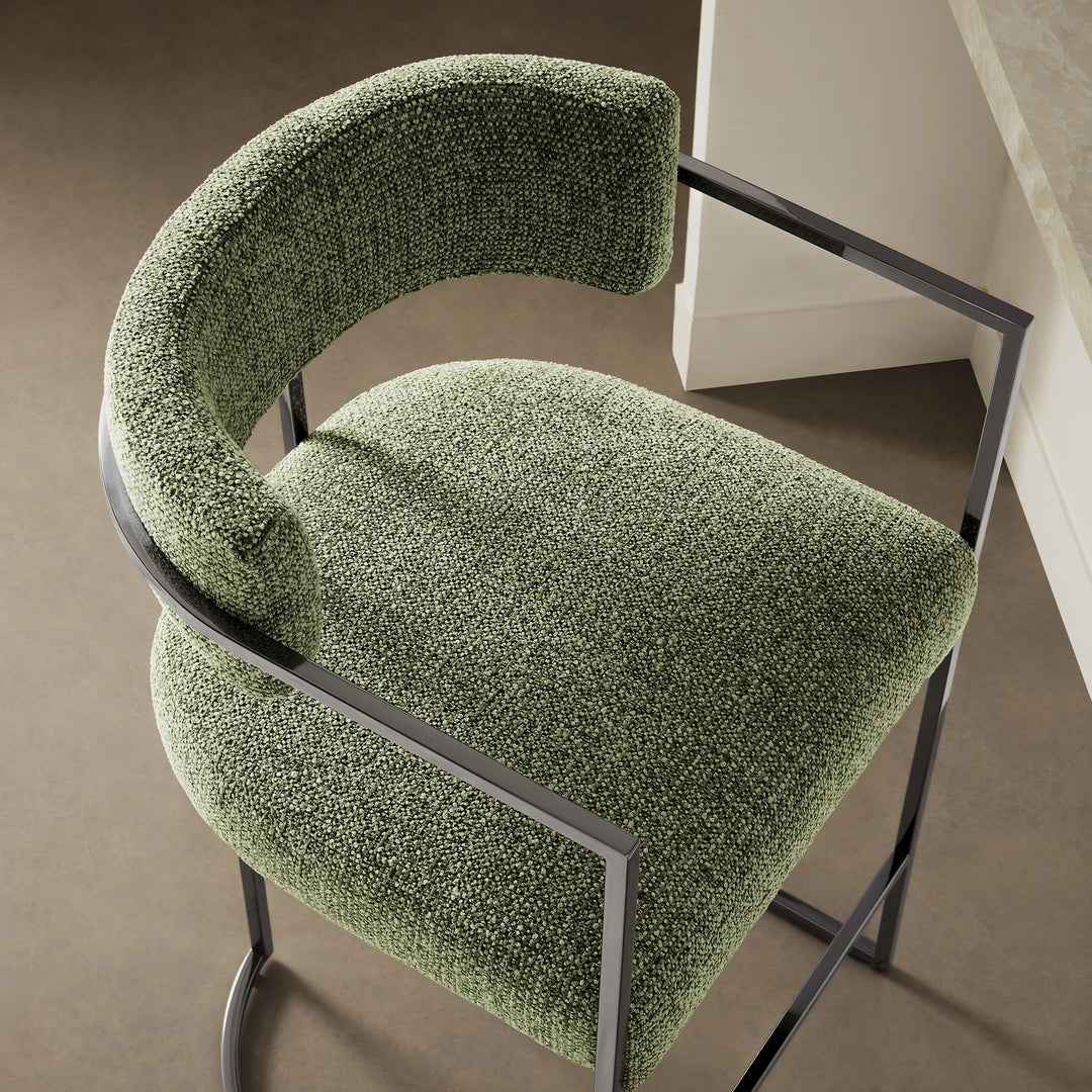 Huron Curved Back Fabric and Metal Counter Stool in Silver Leaf
