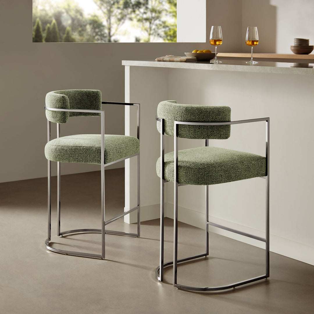 Huron Curved Back Fabric and Metal Counter Stool in Silver Leaf