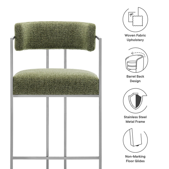 Huron Curved Back Fabric and Metal Counter Stool in Silver Leaf
