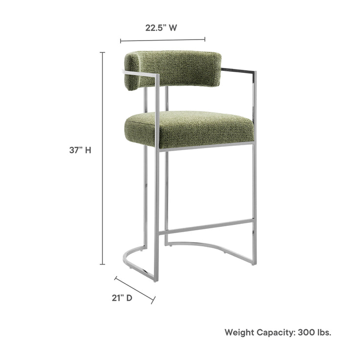 Huron Curved Back Fabric and Metal Counter Stool in Silver Leaf