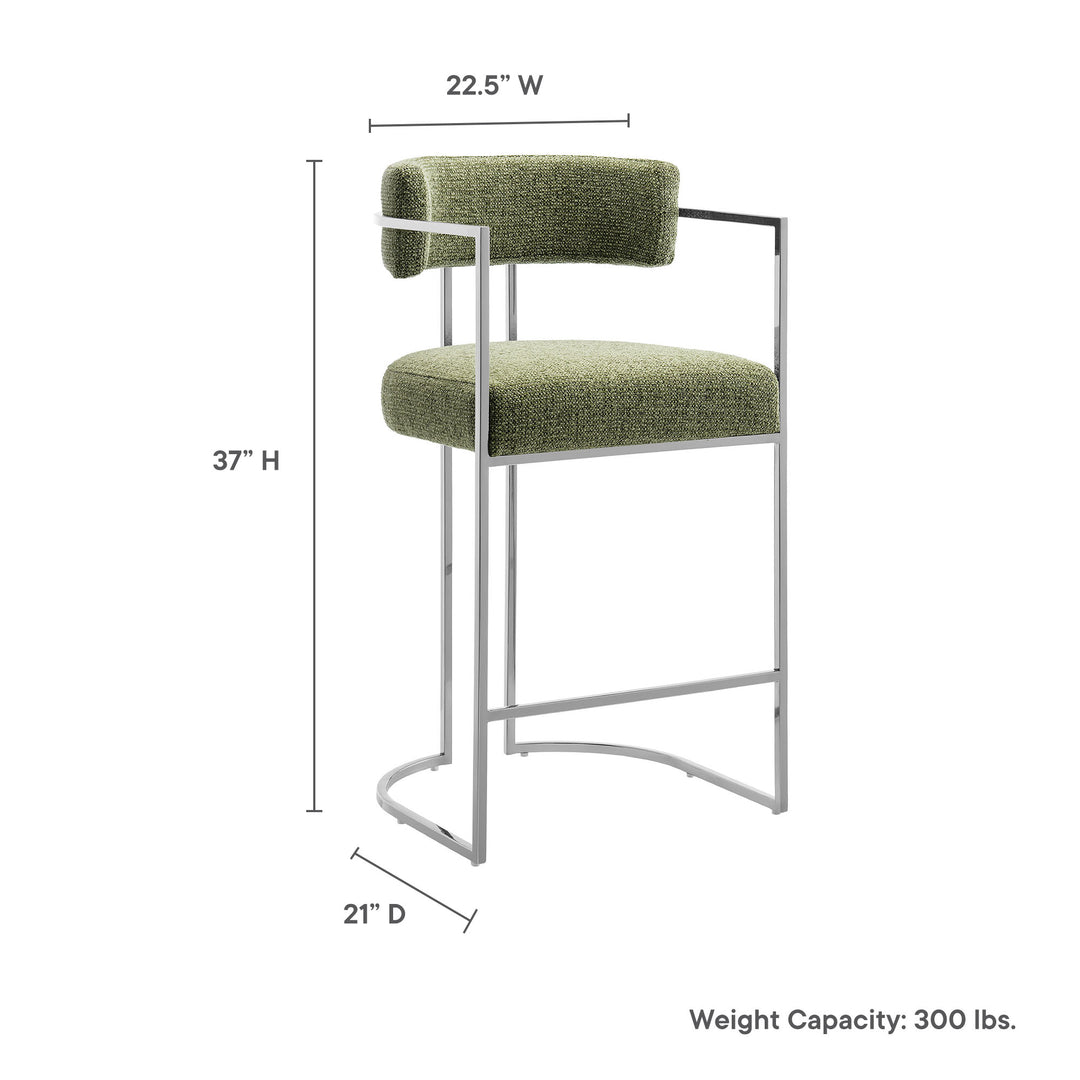 Huron Curved Back Fabric and Metal Counter Stool in Silver Leaf