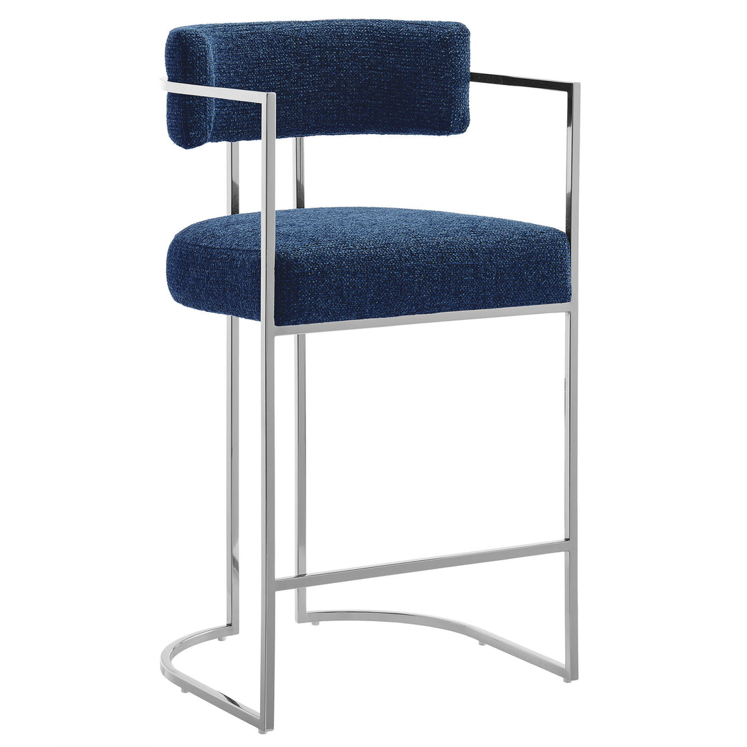 Huron Curved Back Fabric and Metal Counter Stool in Silver Navy