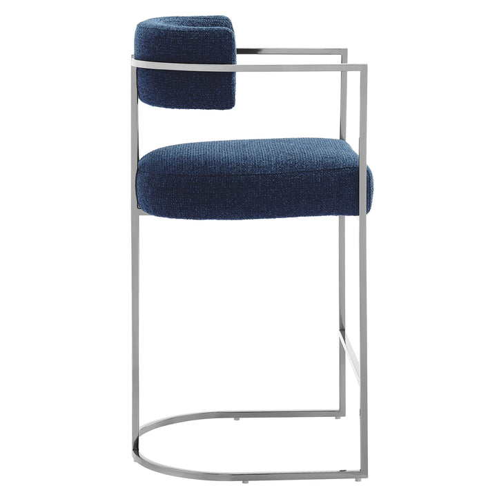 Huron Curved Back Fabric and Metal Counter Stool in Silver Navy