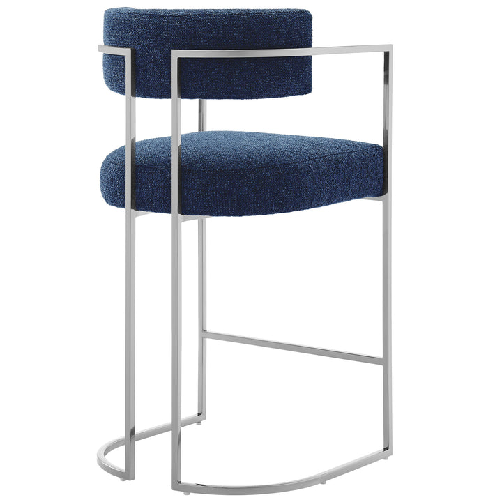 Huron Curved Back Fabric and Metal Counter Stool in Silver Navy