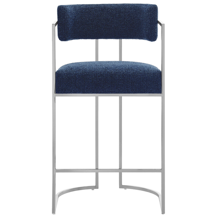 Huron Curved Back Fabric and Metal Counter Stool in Silver Navy