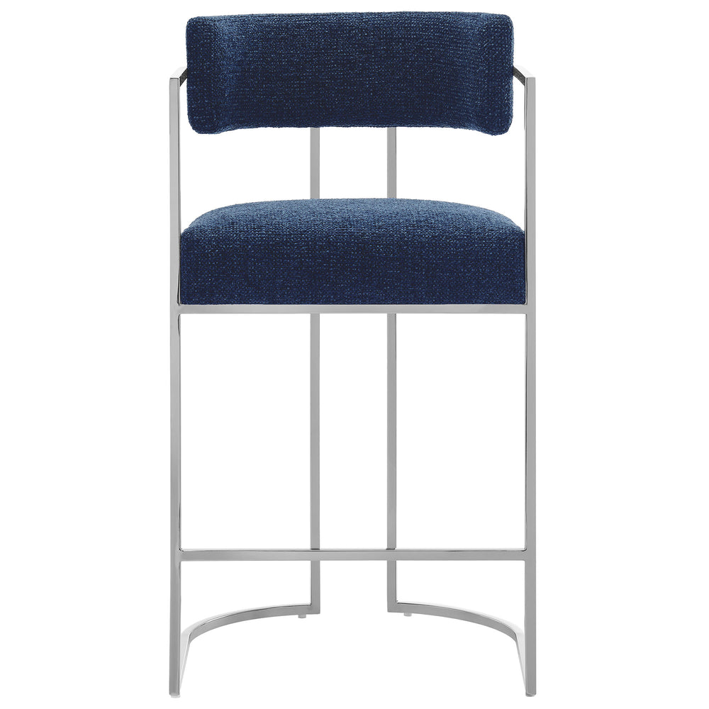 Huron Curved Back Fabric and Metal Counter Stool in Silver Navy