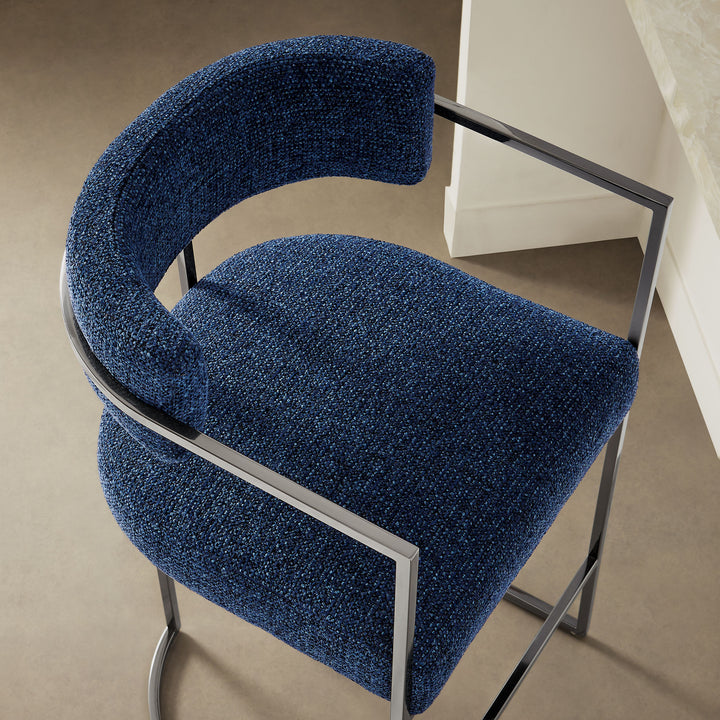 Huron Curved Back Fabric and Metal Counter Stool in Silver Navy