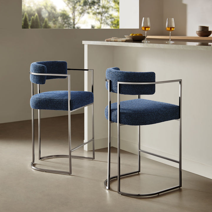 Huron Curved Back Fabric and Metal Counter Stool in Silver Navy
