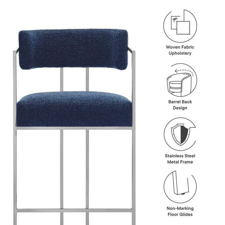 Huron Curved Back Fabric and Metal Counter Stool in Silver Navy