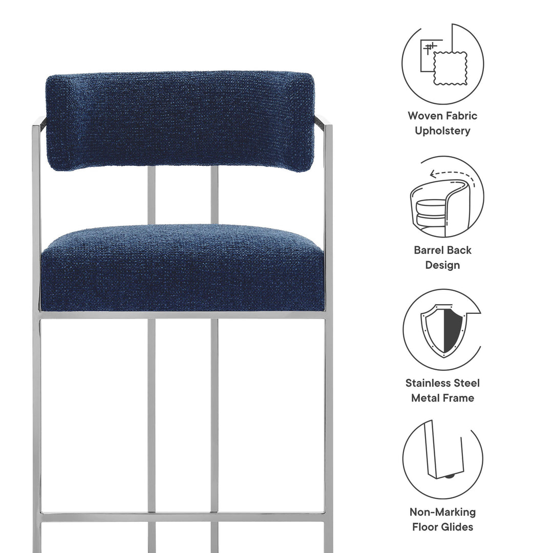 Huron Curved Back Fabric and Metal Counter Stool in Silver Navy