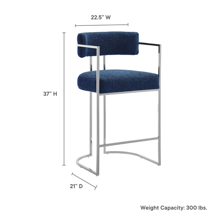 Huron Curved Back Fabric and Metal Counter Stool in Silver Navy