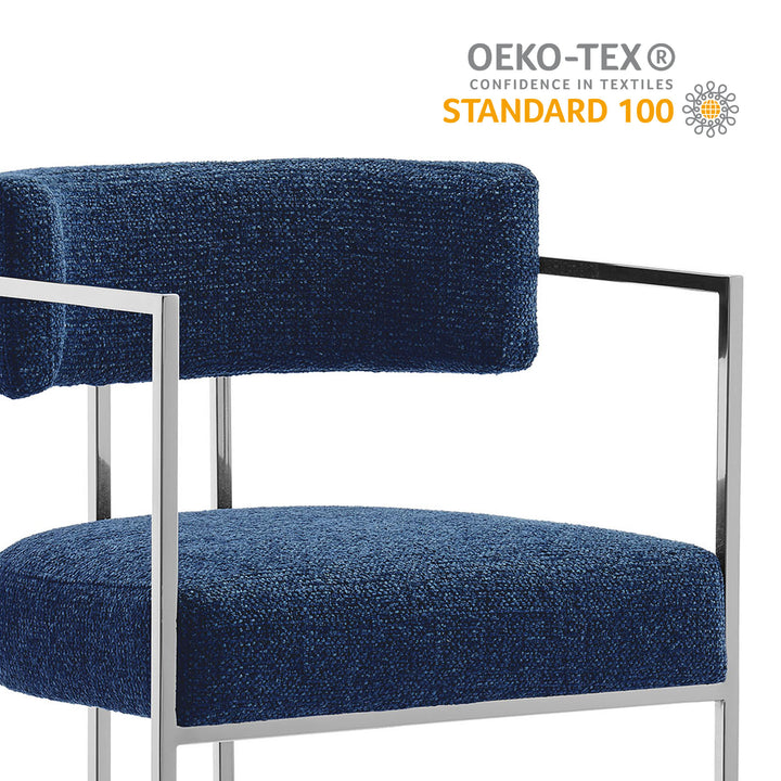 Huron Curved Back Fabric and Metal Counter Stool in Silver Navy