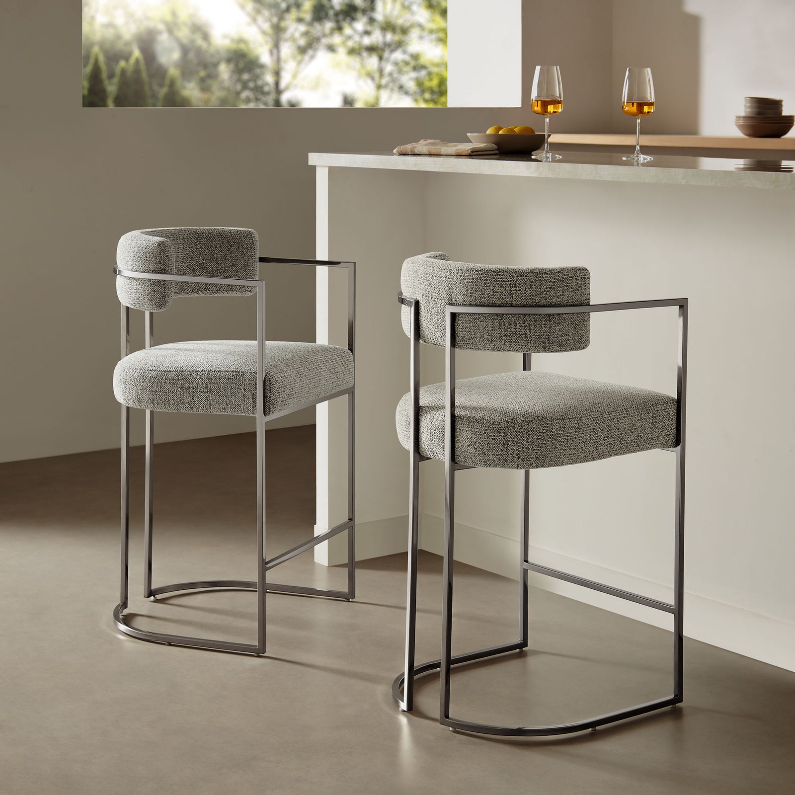 Huron Curved Back Fabric and Metal Counter Stool in Silver Wheat