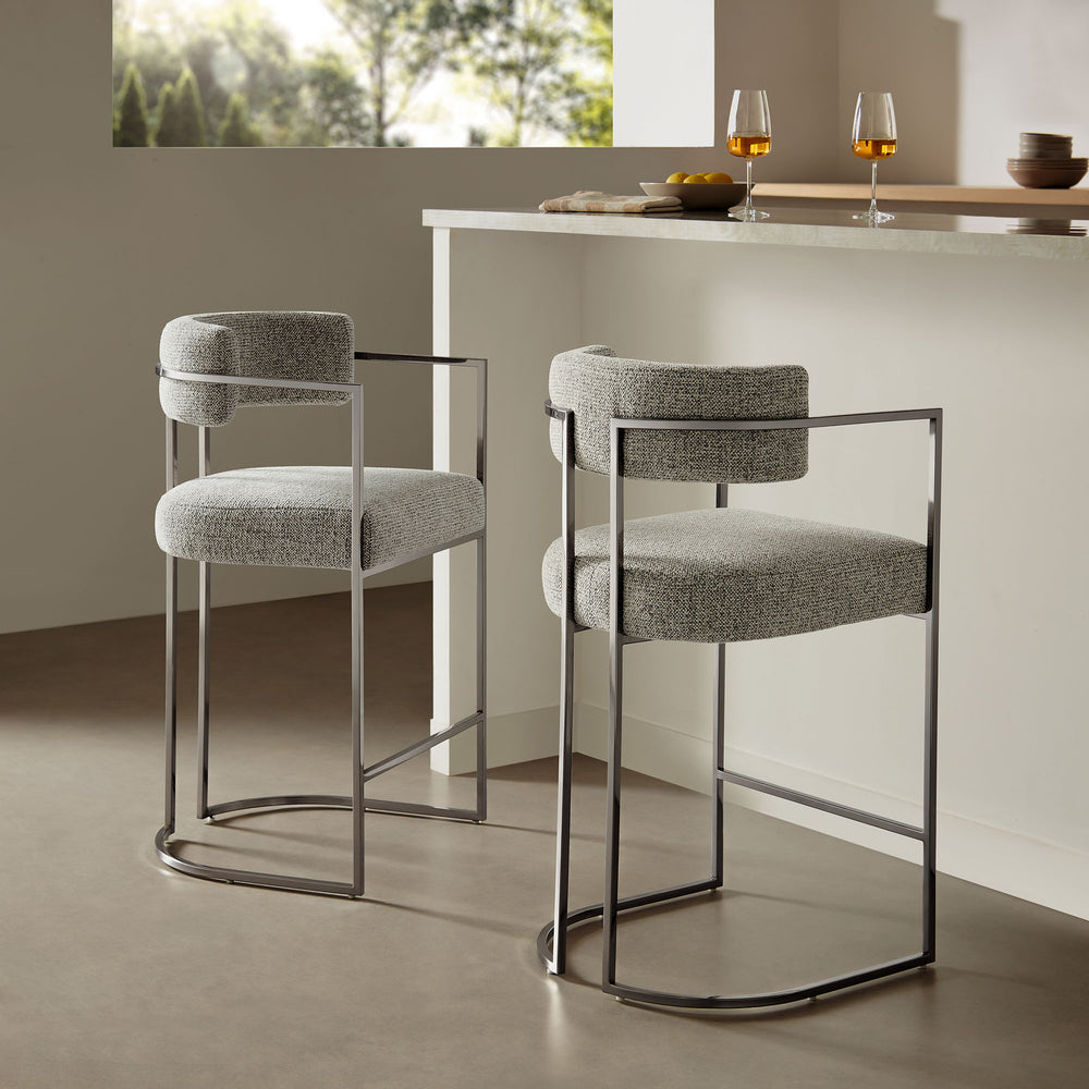 Huron Curved Back Fabric and Metal Counter Stool in Silver Wheat