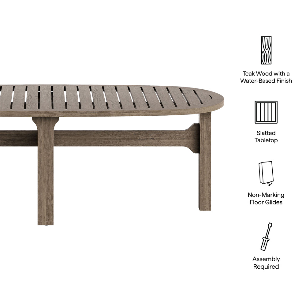 Saratoga Oval Outdoor Patio Teak Wood Coffee Table in Weathered Gray