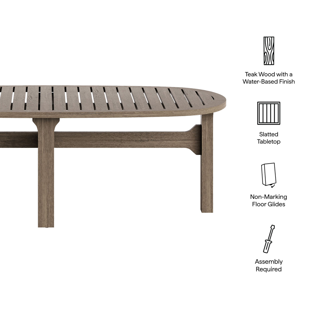 Saratoga Oval Outdoor Patio Teak Wood Coffee Table in Weathered Gray