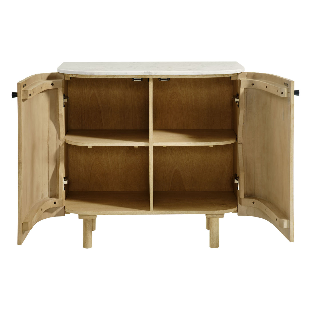 Caldera 33" Curved Solid Wood and Marble Accent Storage Cabinet in Natural