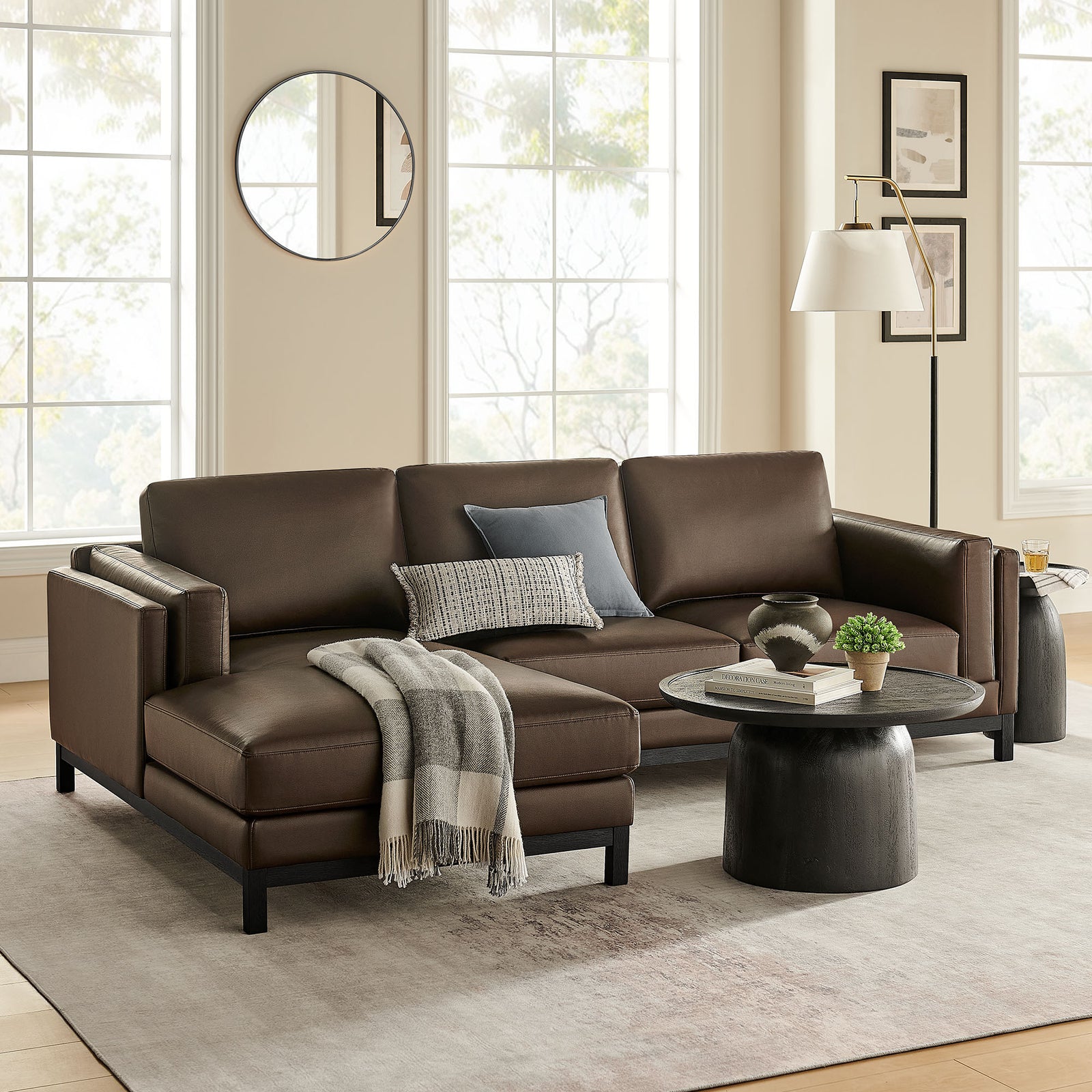 Roscoe Left-Facing Vegan Leather Sectional Sofa with Chaise in Espresso