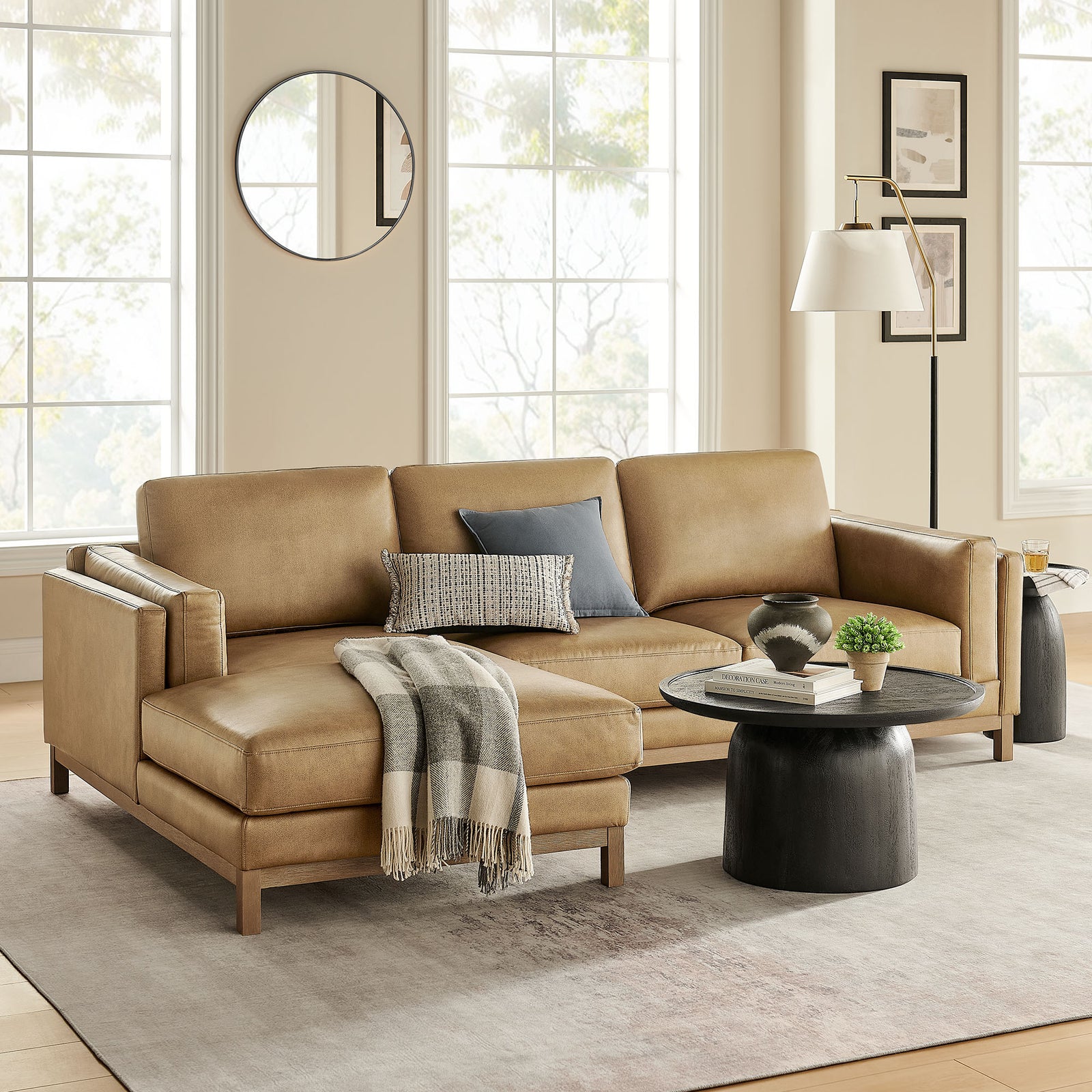 Roscoe Left-Facing Vegan Leather Sectional Sofa with Chaise in Toast