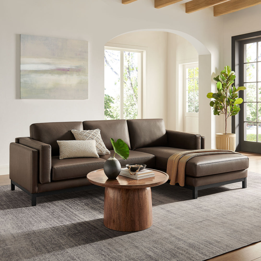 Roscoe Right-Facing Vegan Leather Sectional Sofa with Chaise in Espresso