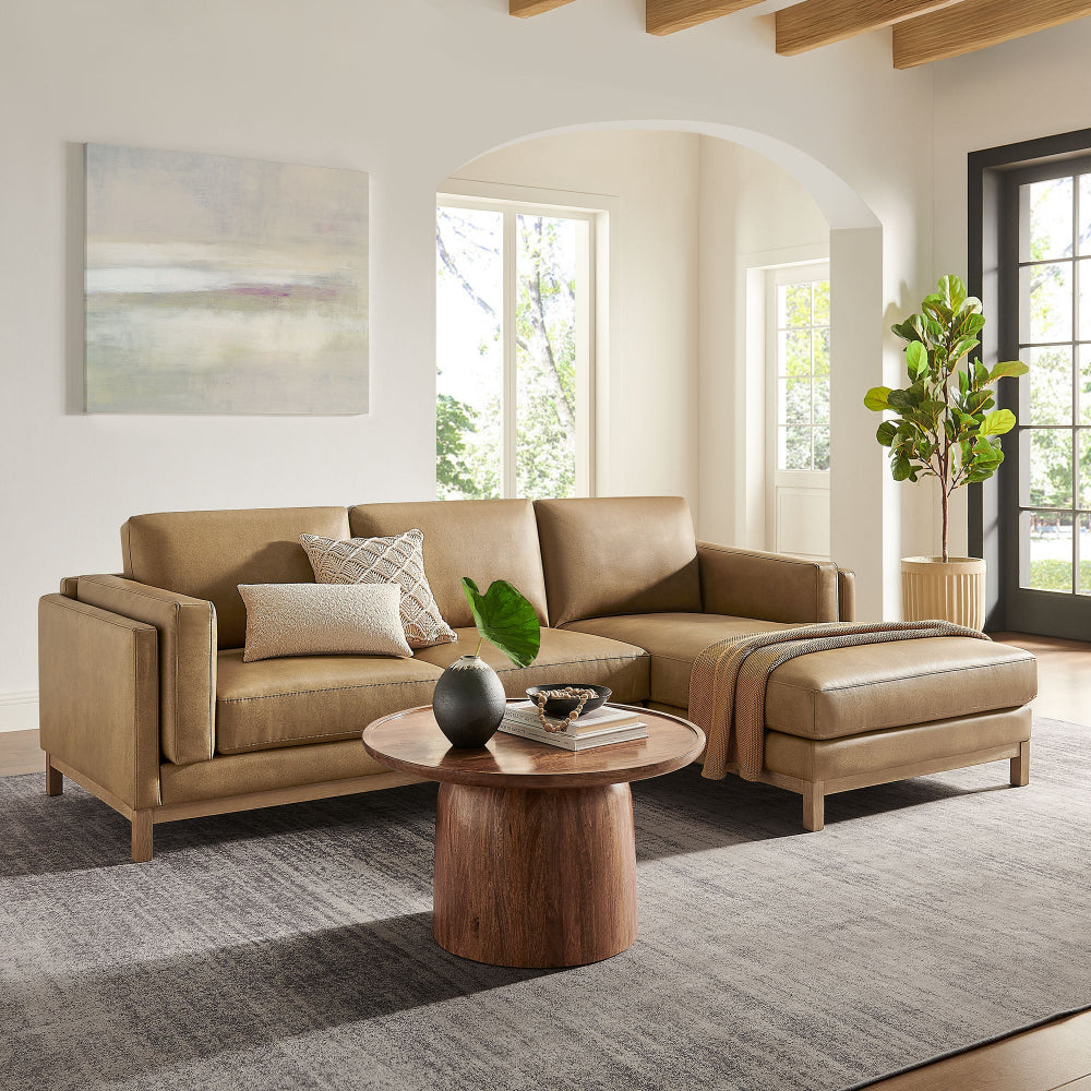 Roscoe Right-Facing Vegan Leather Sectional Sofa with Chaise in Toast