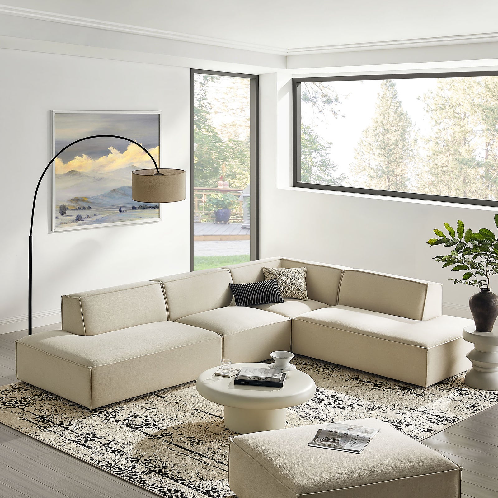 Restore 4-Piece Performance Fabric Upholstered Modular L-Shaped Armless Sectional Sofa in Ecru
